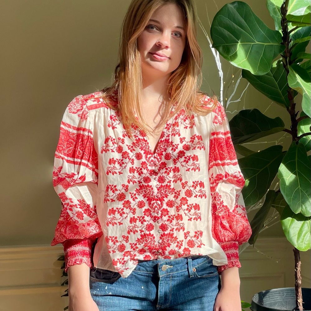 Alice + Olivia ILAN Red and White Floral Top—airy for summer